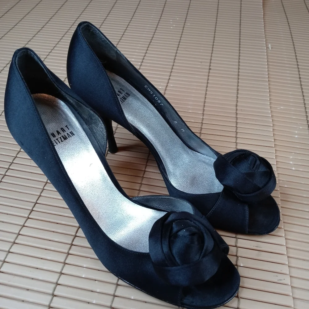 Stuart Weitzman 'Black Rose' black satin open toe